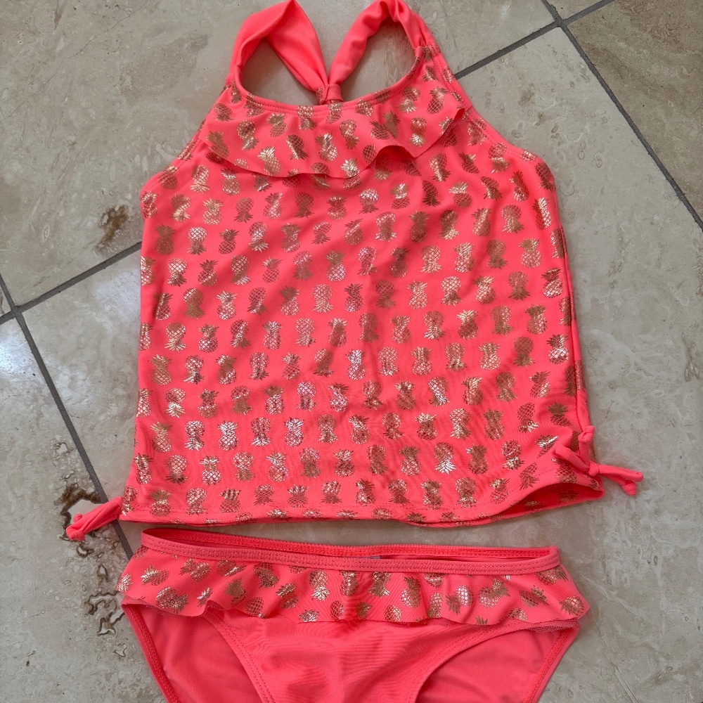 Girls Tankini bikini Like New 10/12 Peach Gold Pineapple